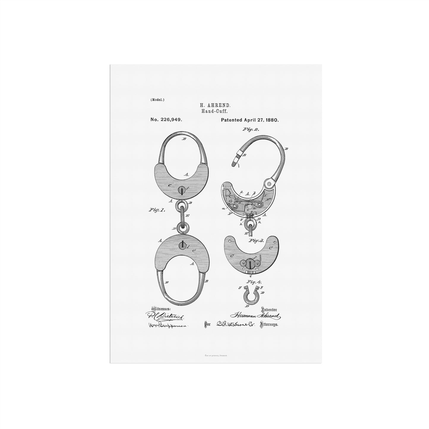 Vintage Handcuff Patent Print – 1880 Invention by Herman Ahren
