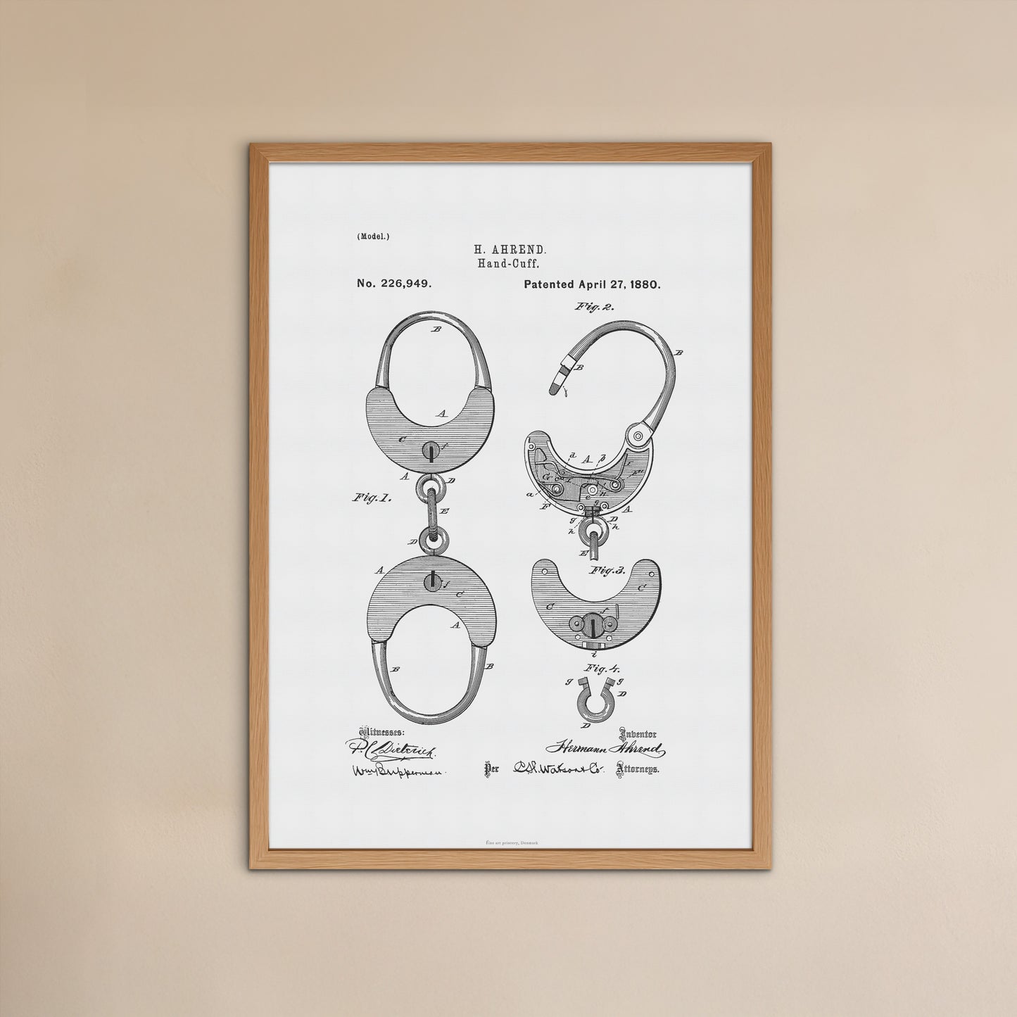 Vintage Handcuff Patent Print – 1880 Invention by Herman Ahren