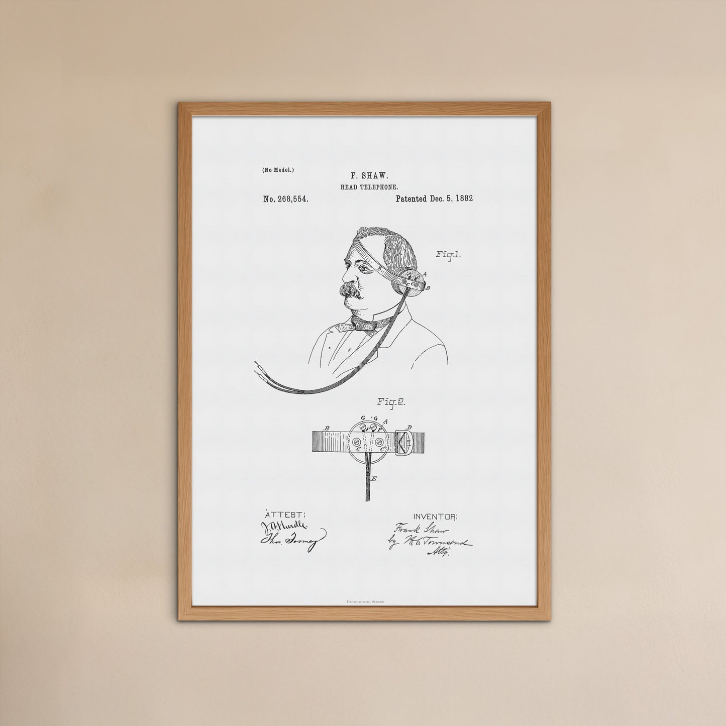 Vintage Head Telephone Patent Print – 1882 Invention by Frank Shaw