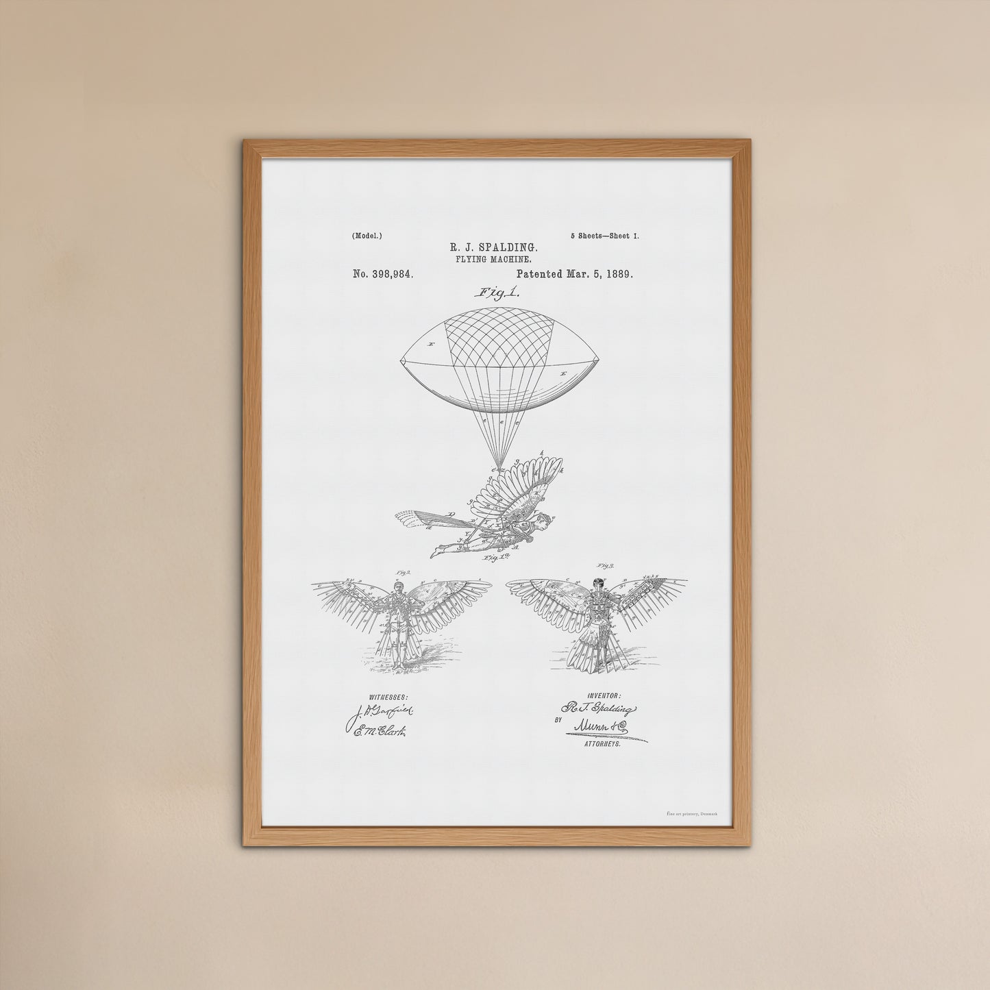 Vintage Flying Machine Patent Print – 1889 Invention by R. J. Spalding