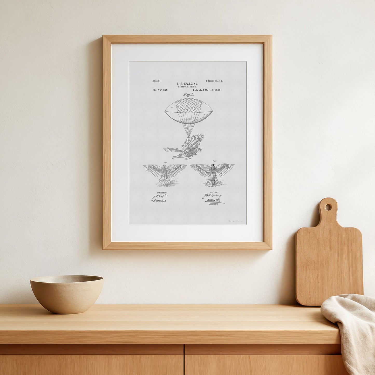 Vintage Flying Machine Patent Print – 1889 Invention by R. J. Spalding