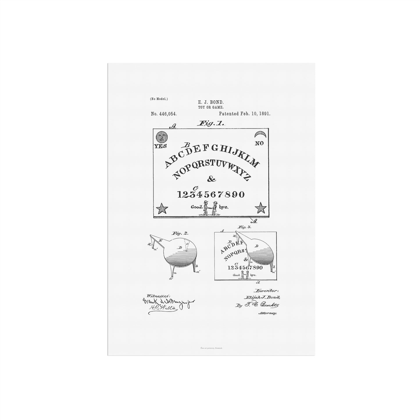 Vintage Ouija Board Patent Print – 1891 Invention by Elijah J. Bond