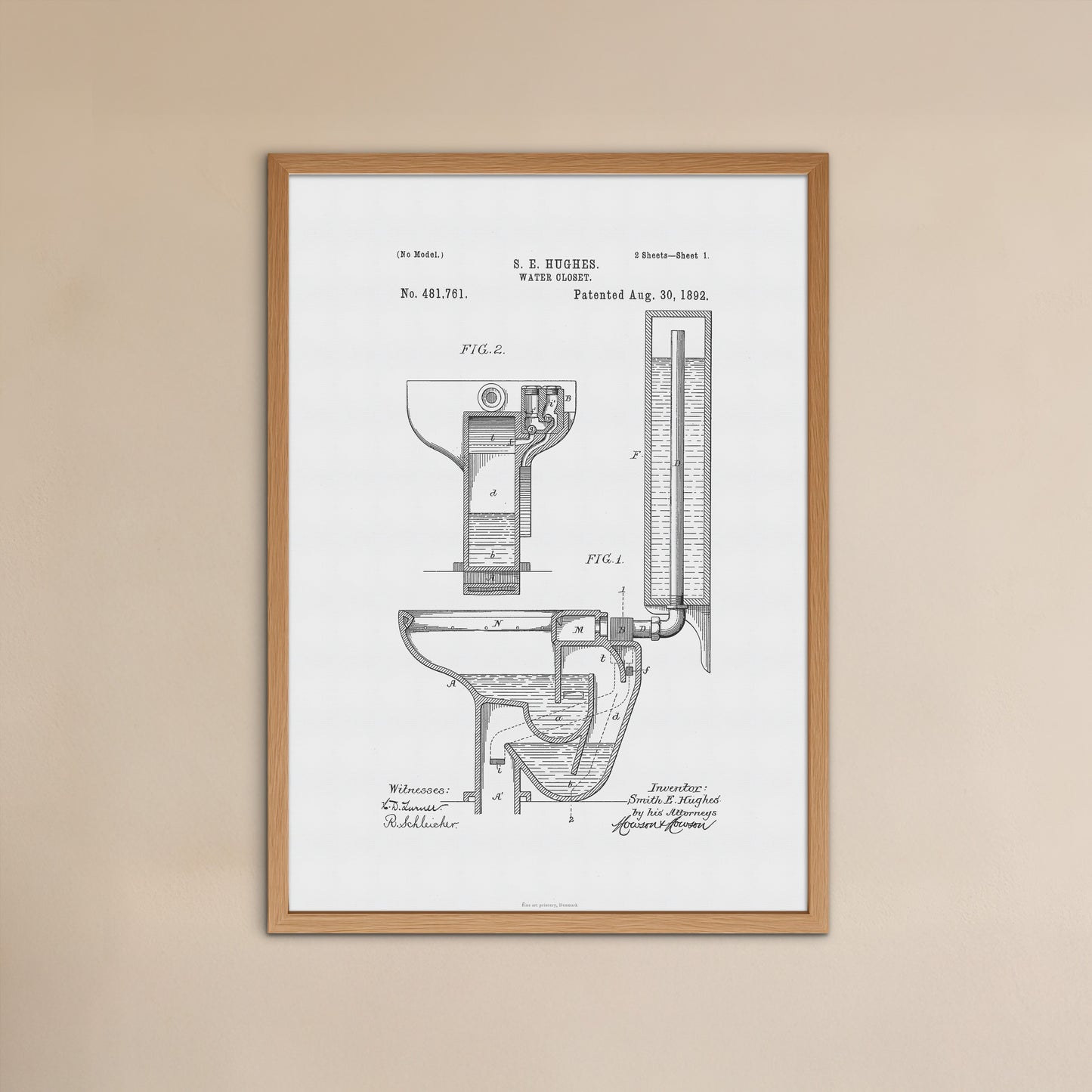 Vintage Water Closet Patent Print – 1892 Toilet Invention by S. E. Hughes