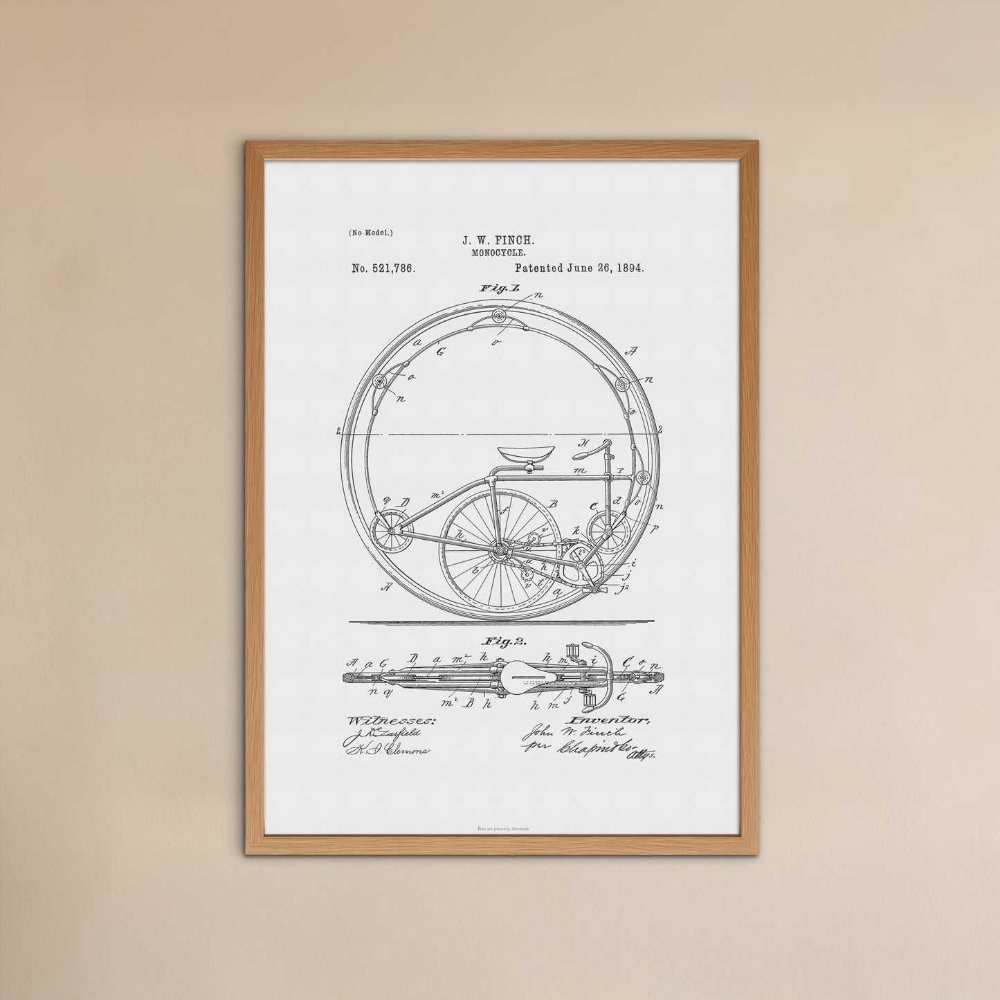 Vintage Monocycle Patent Print – 1894 Invention by J. W. Finch