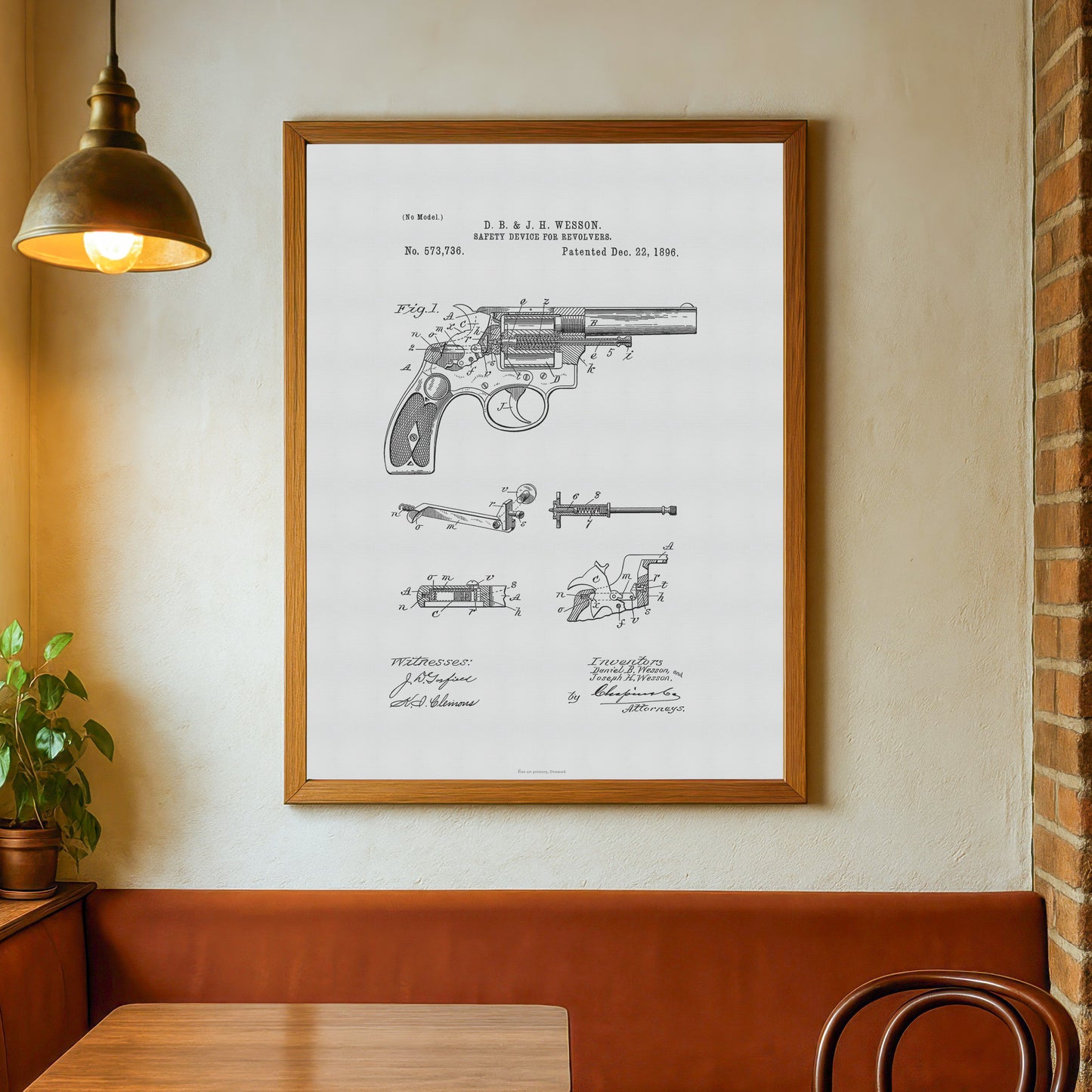 Vintage Revolver Safety Device Patent Print – 1896 Invention by D. B. & J. H. Wesson