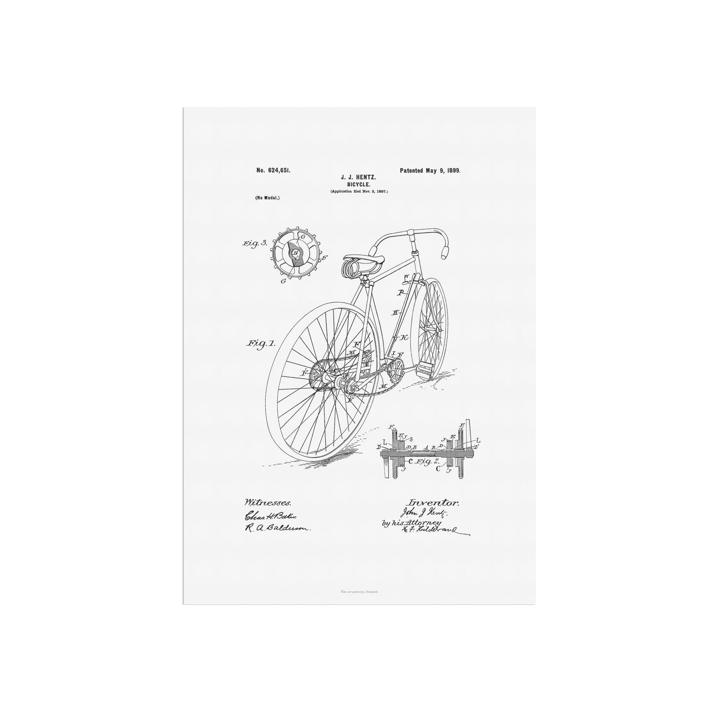 Vintage Bicycle Patent Print – 1899 Invention by J. J. Hentz