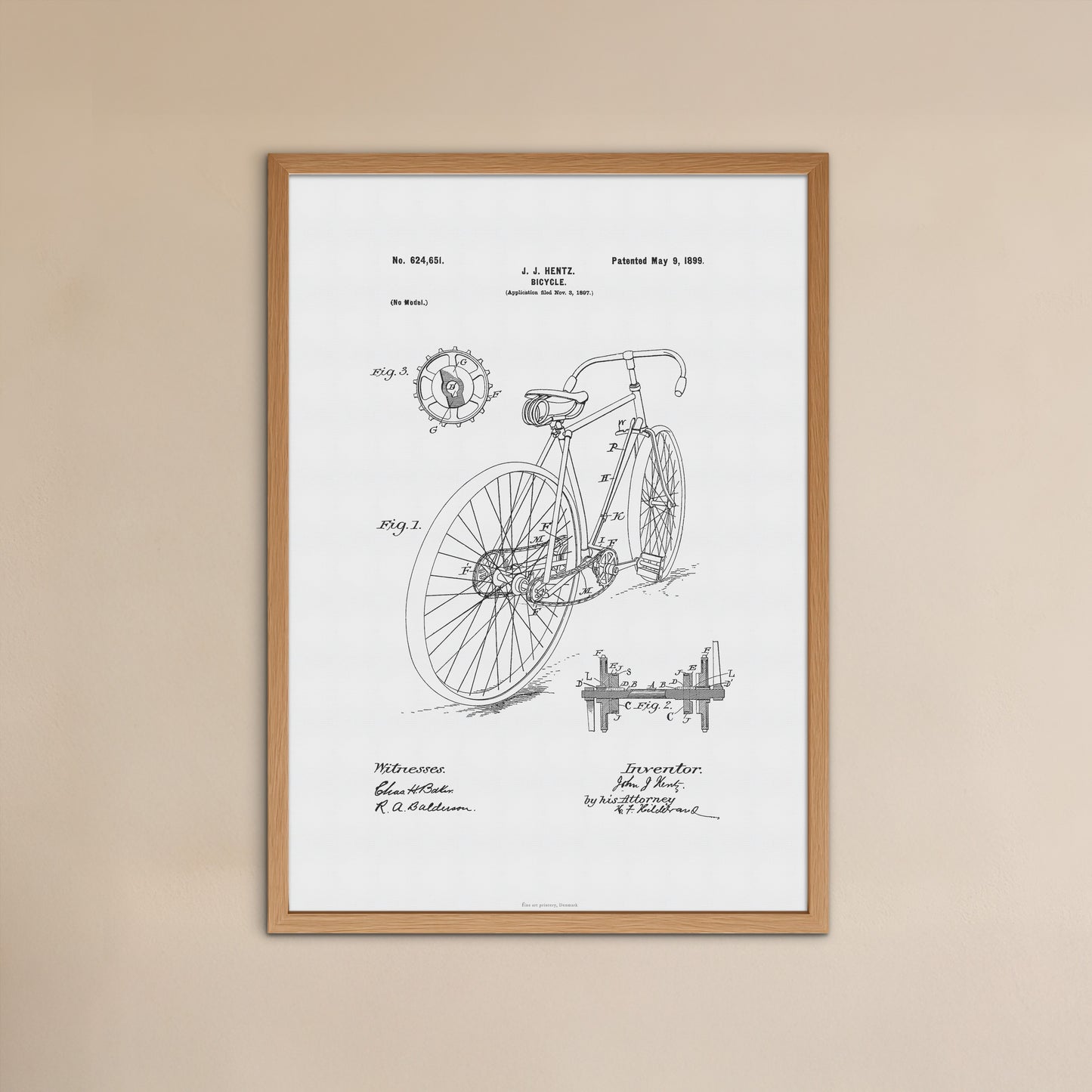 Vintage Bicycle Patent Print – 1899 Invention by J. J. Hentz