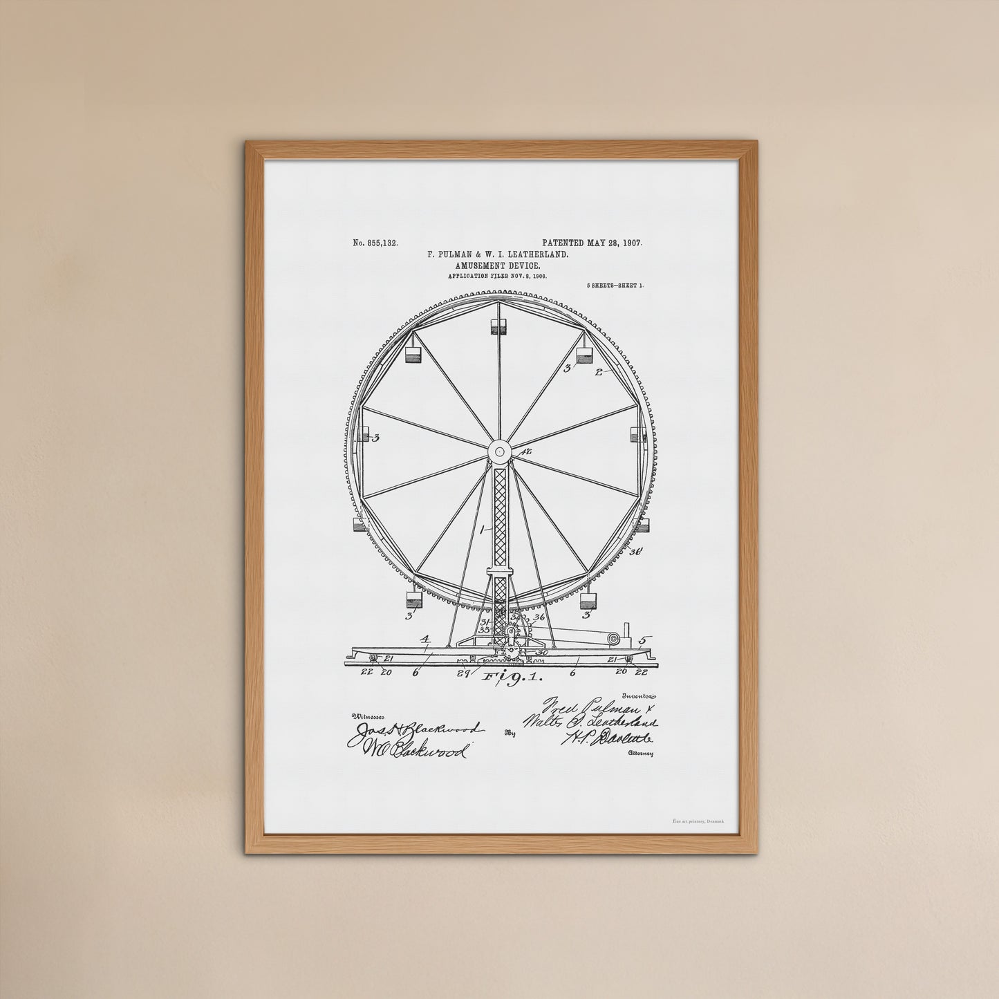Vintage Ferris Wheel Patent Print – 1906 Amusement Device by F. Pulman & W. I. Leatherland