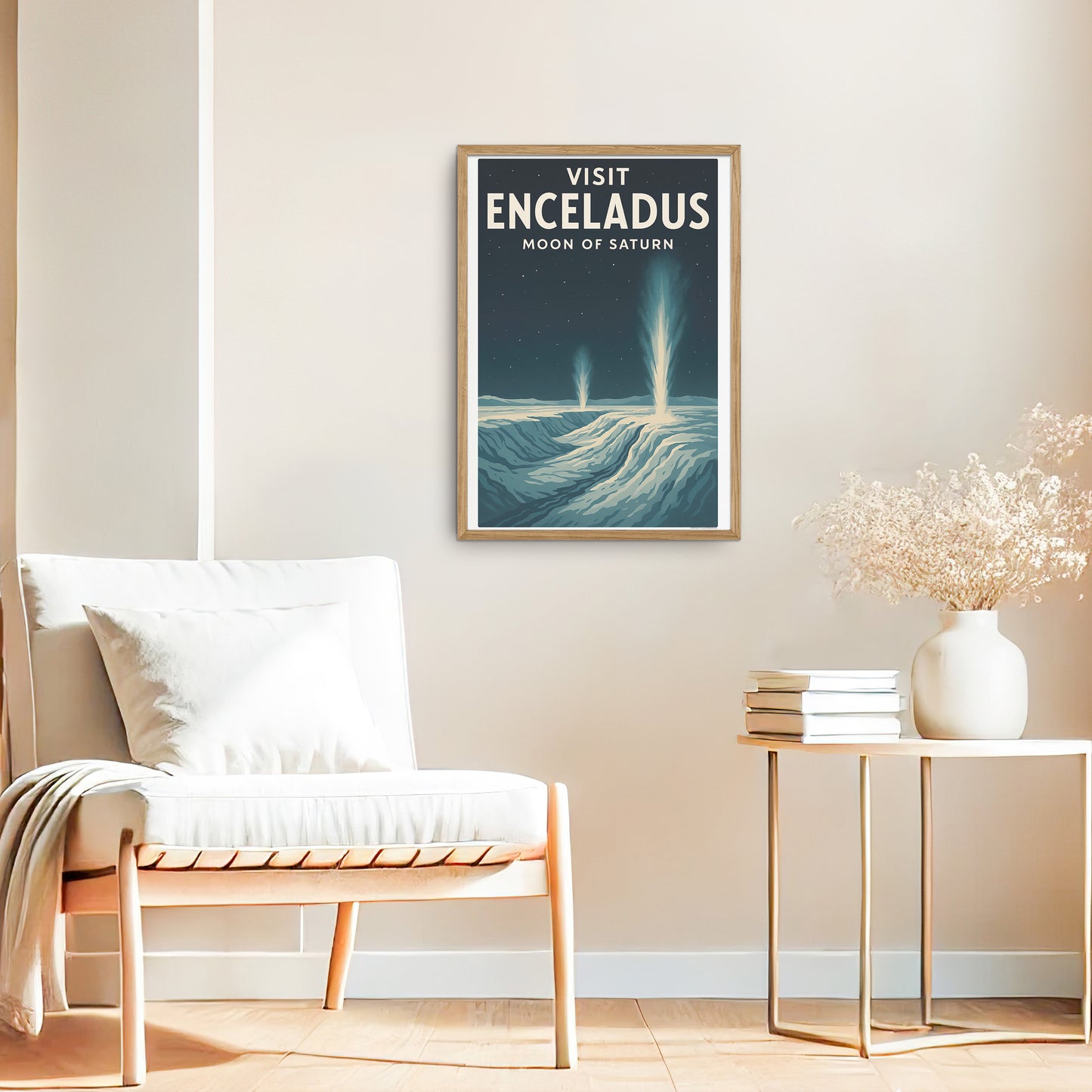 Visit Enceladus – Moon of Saturn Retro Travel Poster in Vintage Art Deco Style