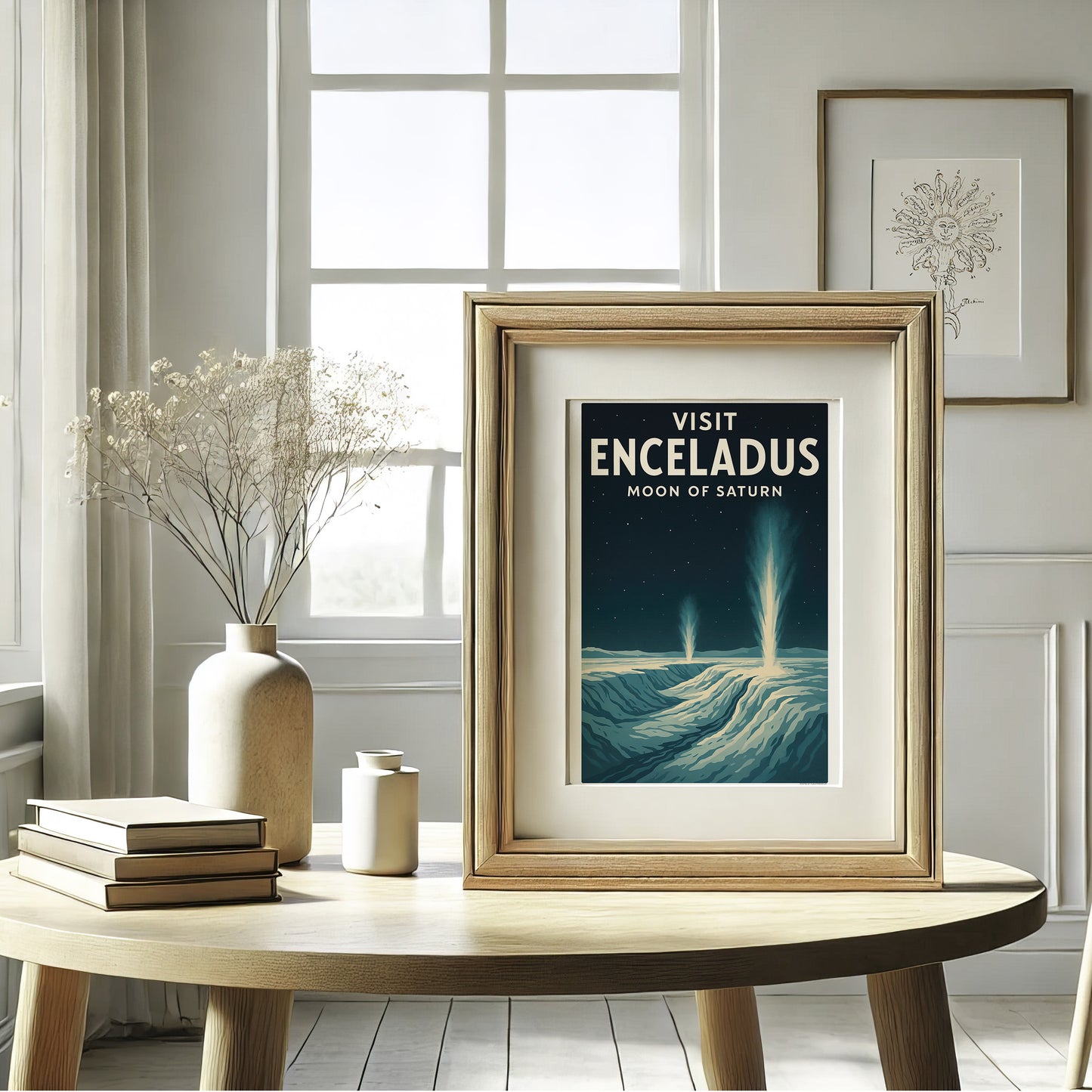 Visit Enceladus – Moon of Saturn Retro Travel Poster in Vintage Art Deco Style