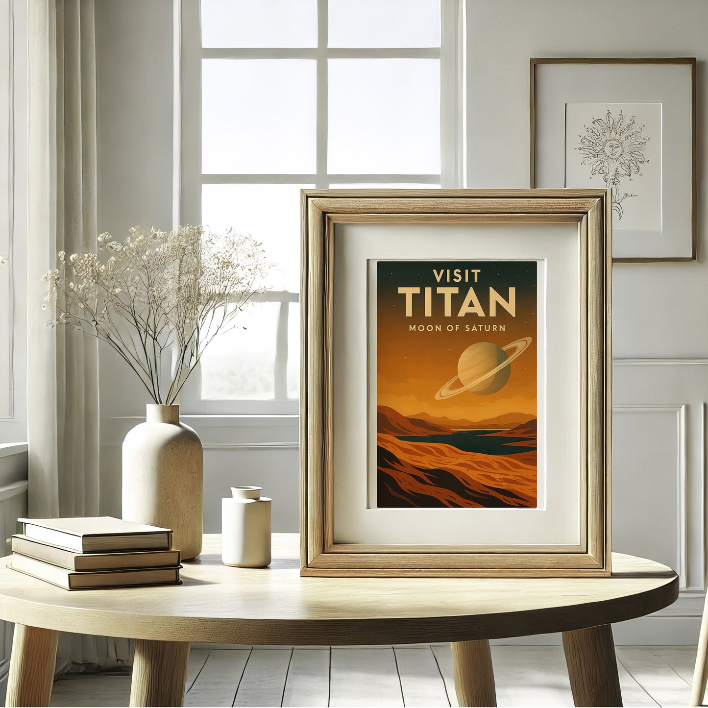 Visit Titan – Moon of Saturn Retro Travel Poster in Vintage Art Deco Style