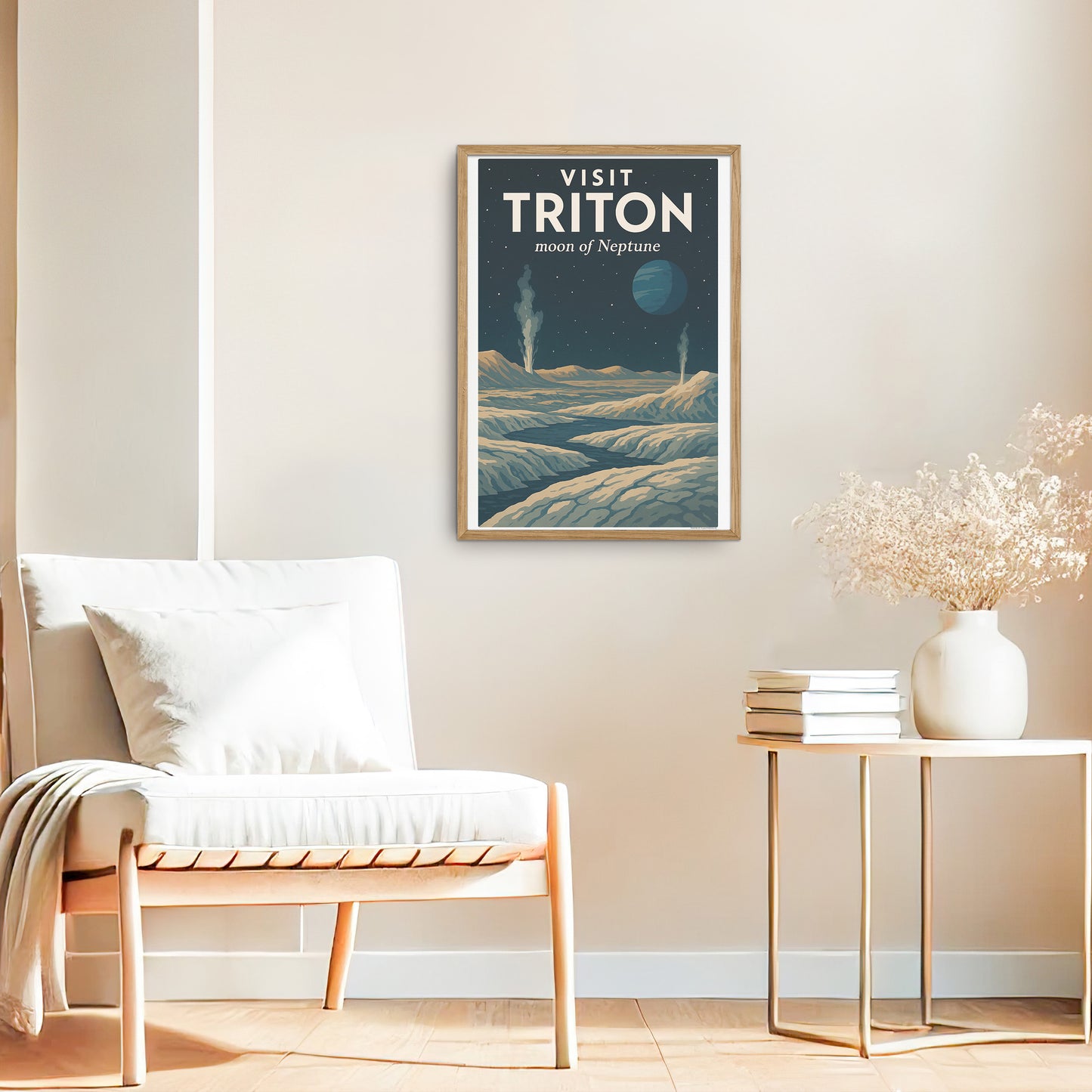 Visit Triton – Moon of Neptune Retro Travel Poster in Vintage Art Deco Style