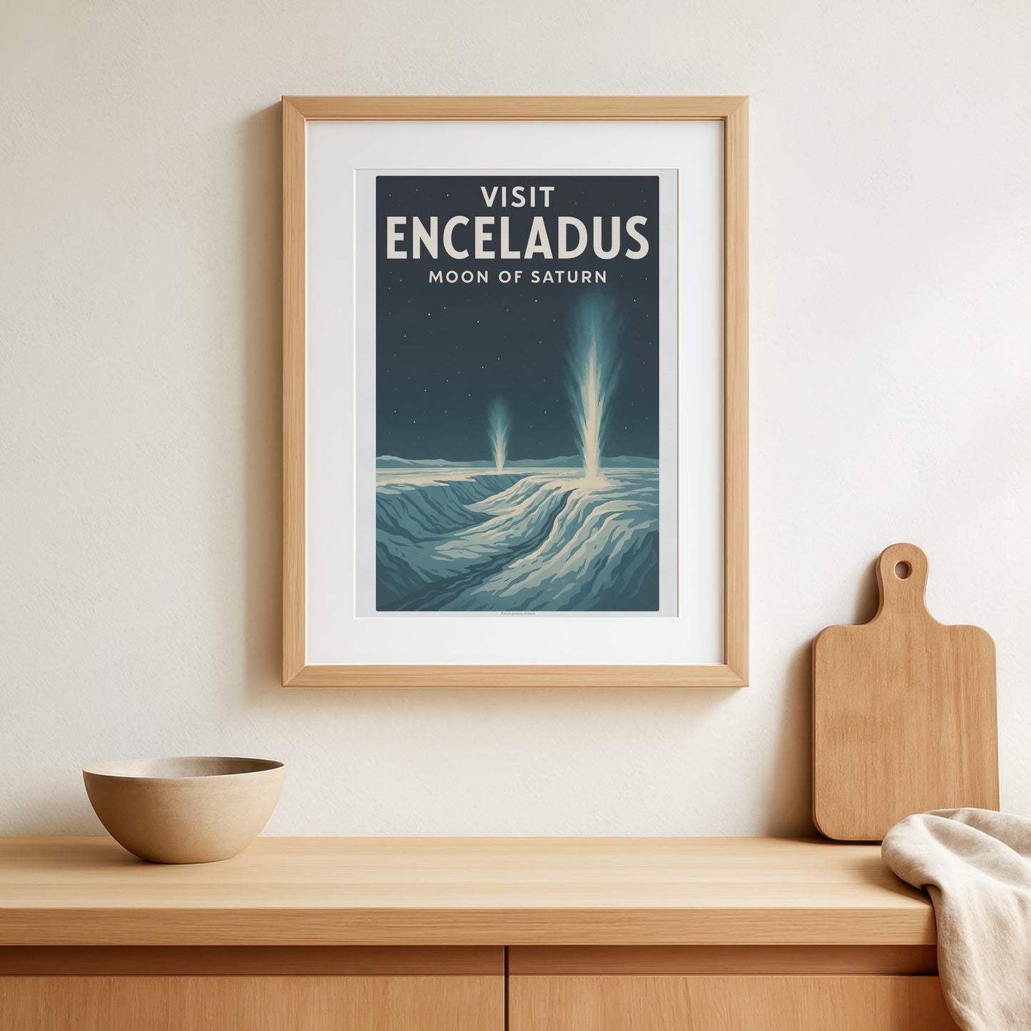 Visit Enceladus – Moon of Saturn Retro Travel Poster in Vintage Art Deco Style