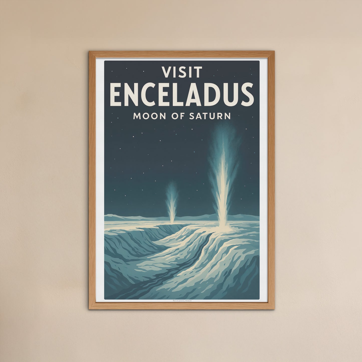 Visit Enceladus – Moon of Saturn Retro Travel Poster in Vintage Art Deco Style