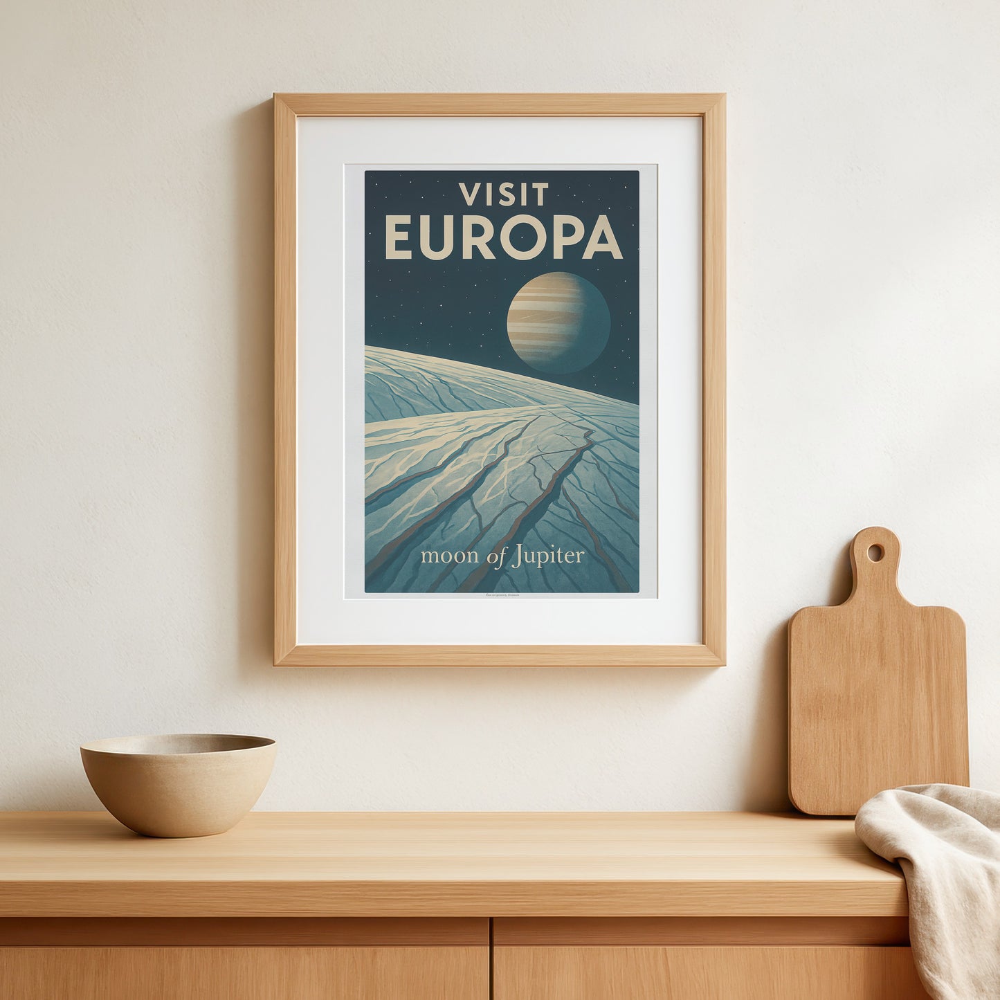 Visit Europa – Moon of Jupiter Vintage Travel Poster in Retro Art Deco Style