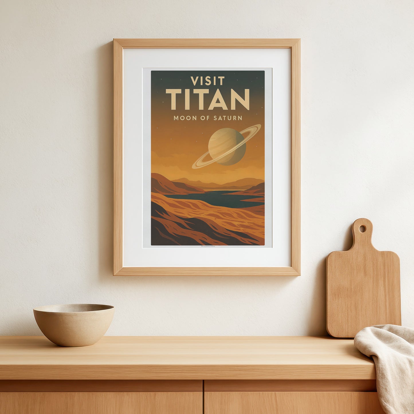 Visit Titan – Moon of Saturn Retro Travel Poster in Vintage Art Deco Style