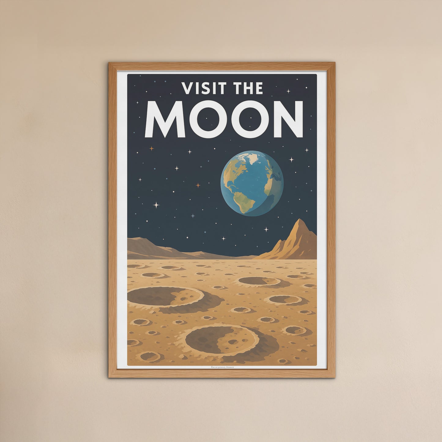 Visit the Moon – Retro Futuristic Travel Poster in Vintage Art Deco Style