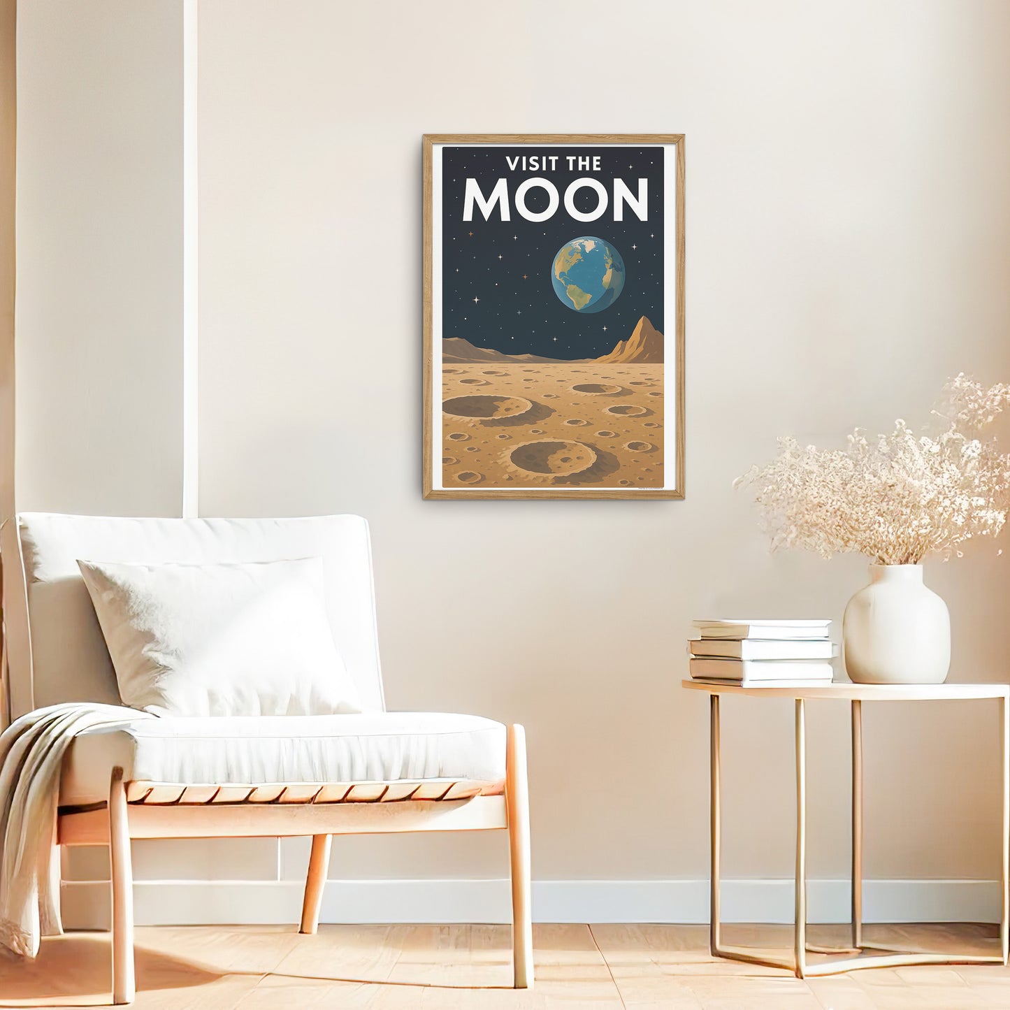 Visit the Moon – Retro Futuristic Travel Poster in Vintage Art Deco Style