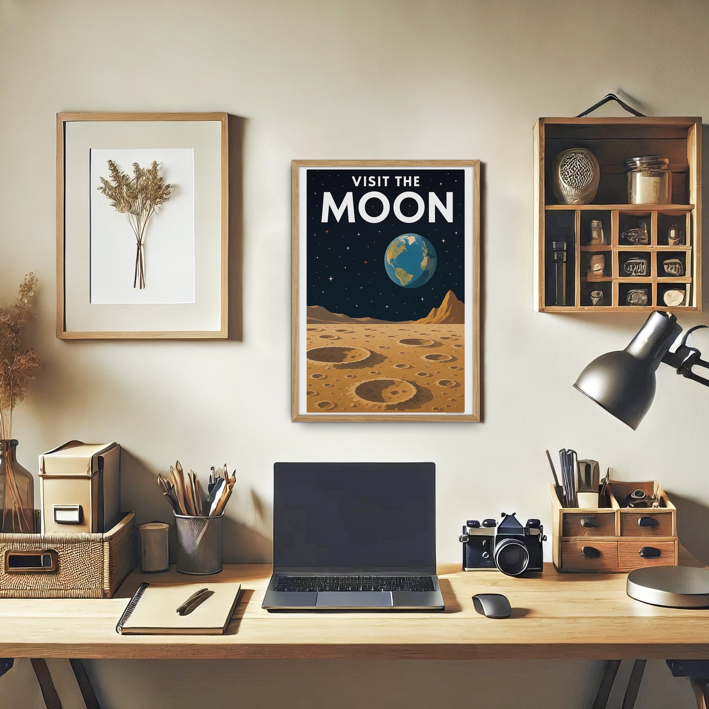 Visit the Moon – Retro Futuristic Travel Poster in Vintage Art Deco Style