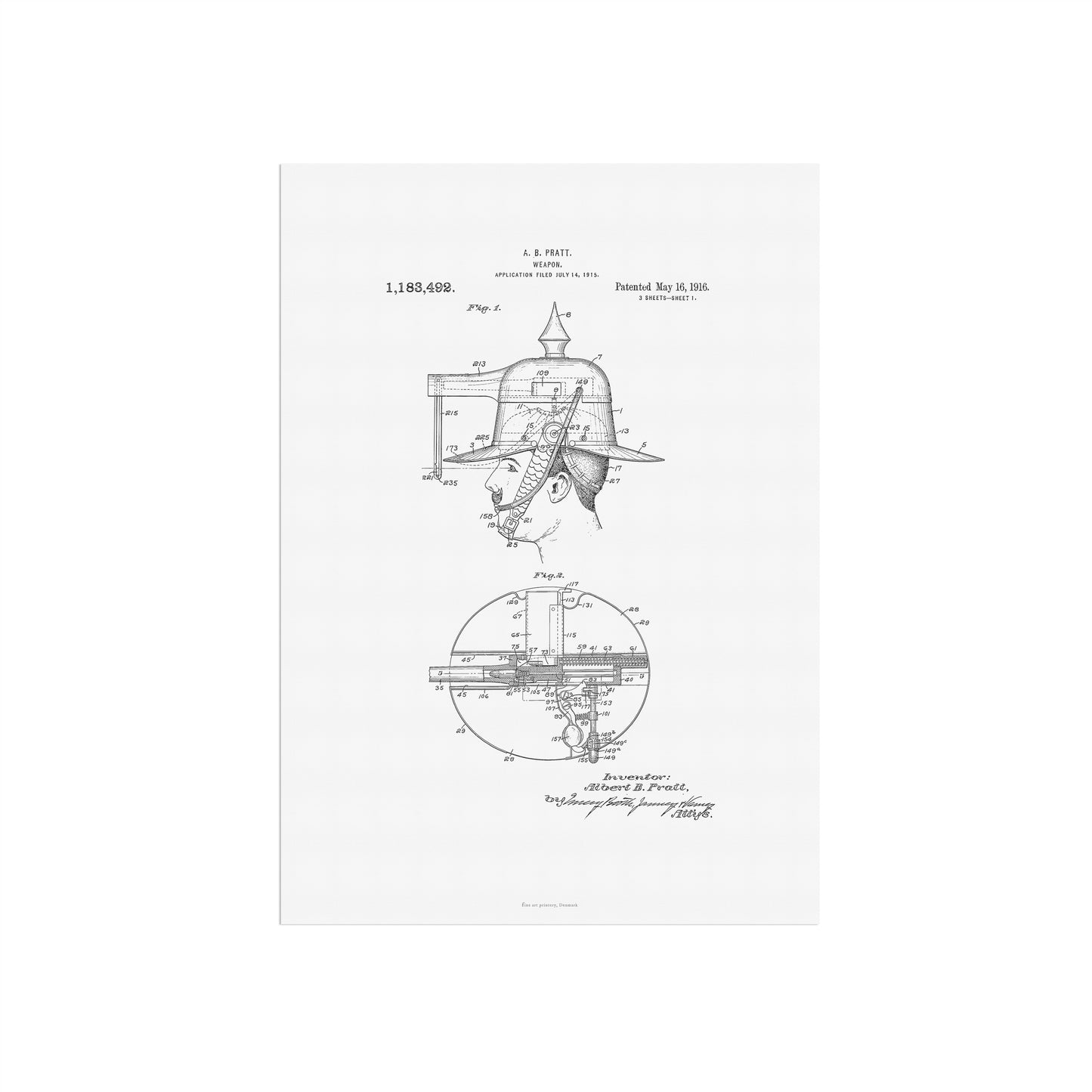 Vintage Weapon Hat Gun Patent Print – 1915 Invention by A. B. Pratt