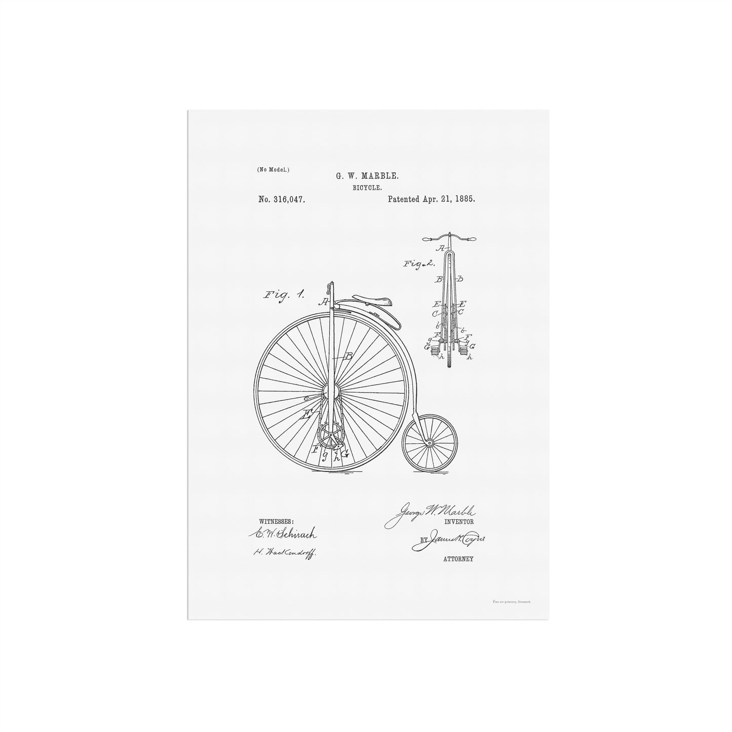 Vintage High-Wheel Bicycle Patent Print – 1885 Invention by G. W. Marble