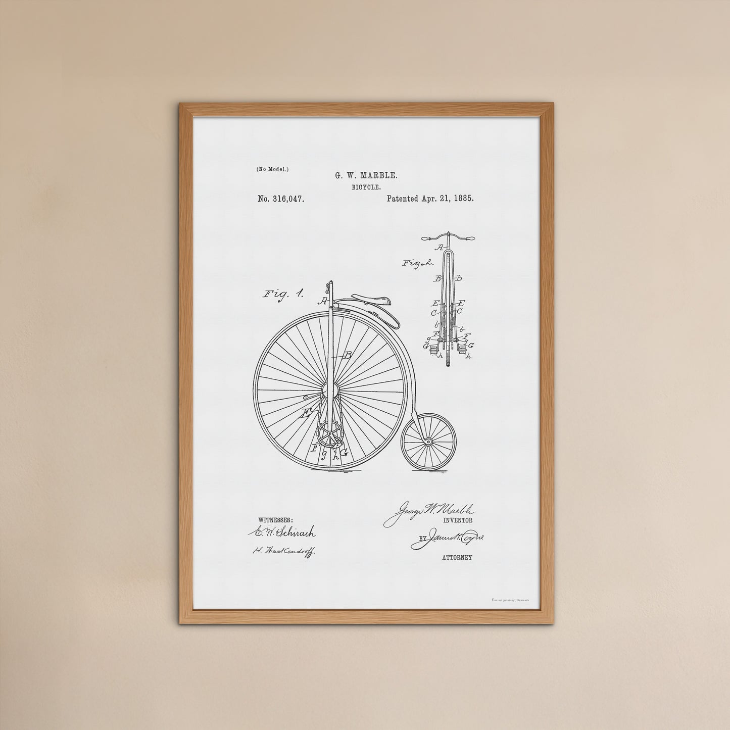 Vintage High-Wheel Bicycle Patent Print – 1885 Invention by G. W. Marble