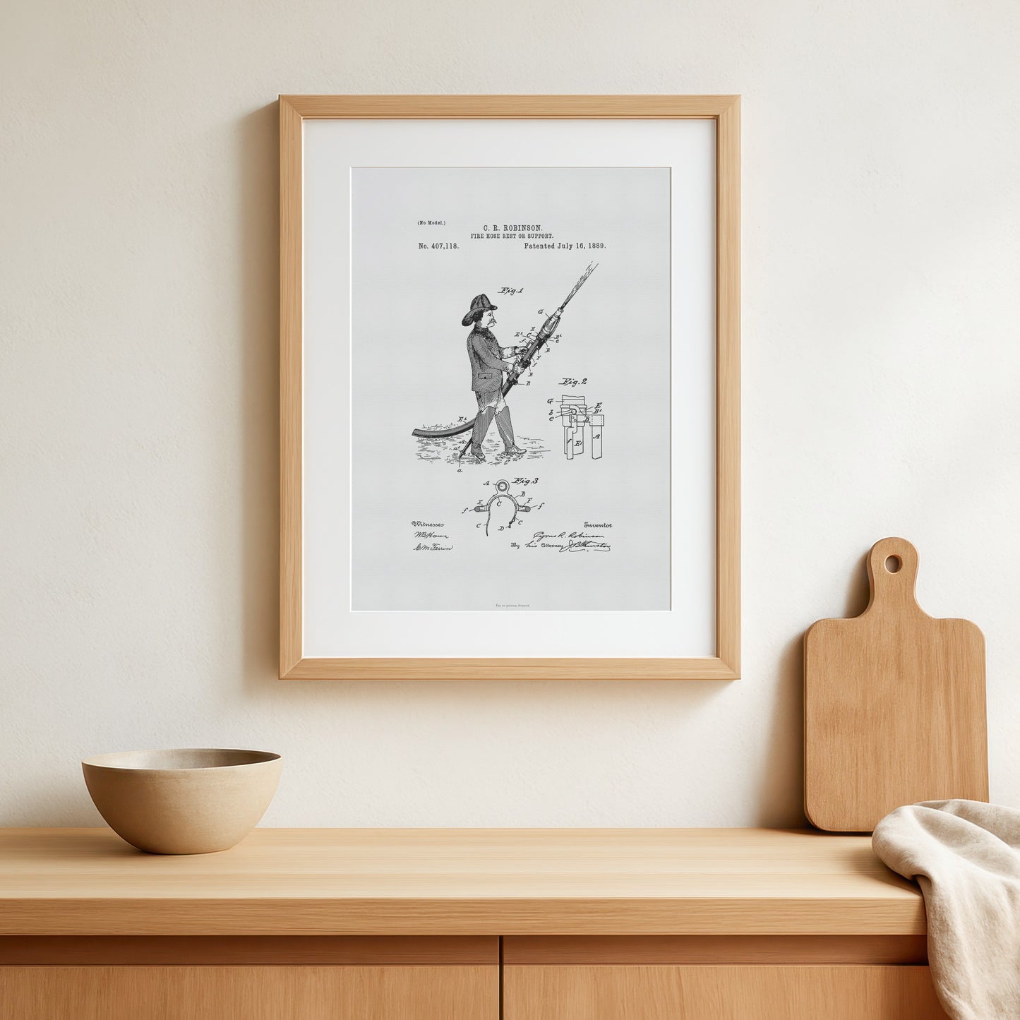 Vintage Fire Hose Rest Patent Print – 1889 Invention by C. R. Robinson