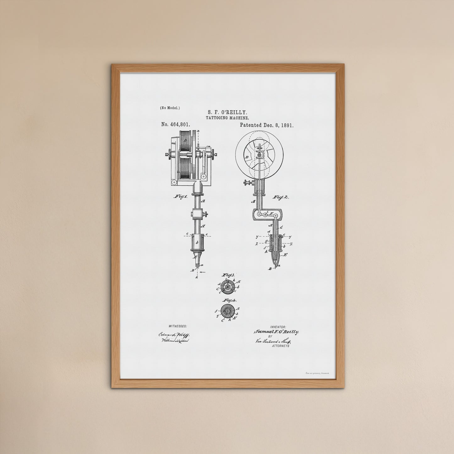 Vintage Tattoo Machine Patent Print – 1891 Invention by Samuel O’Reilly