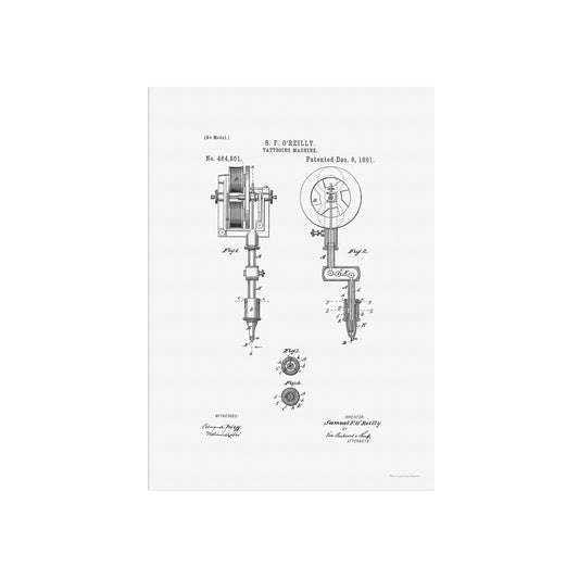 Vintage Tattoo Machine Patent Print – 1891 Invention by Samuel O’Reilly