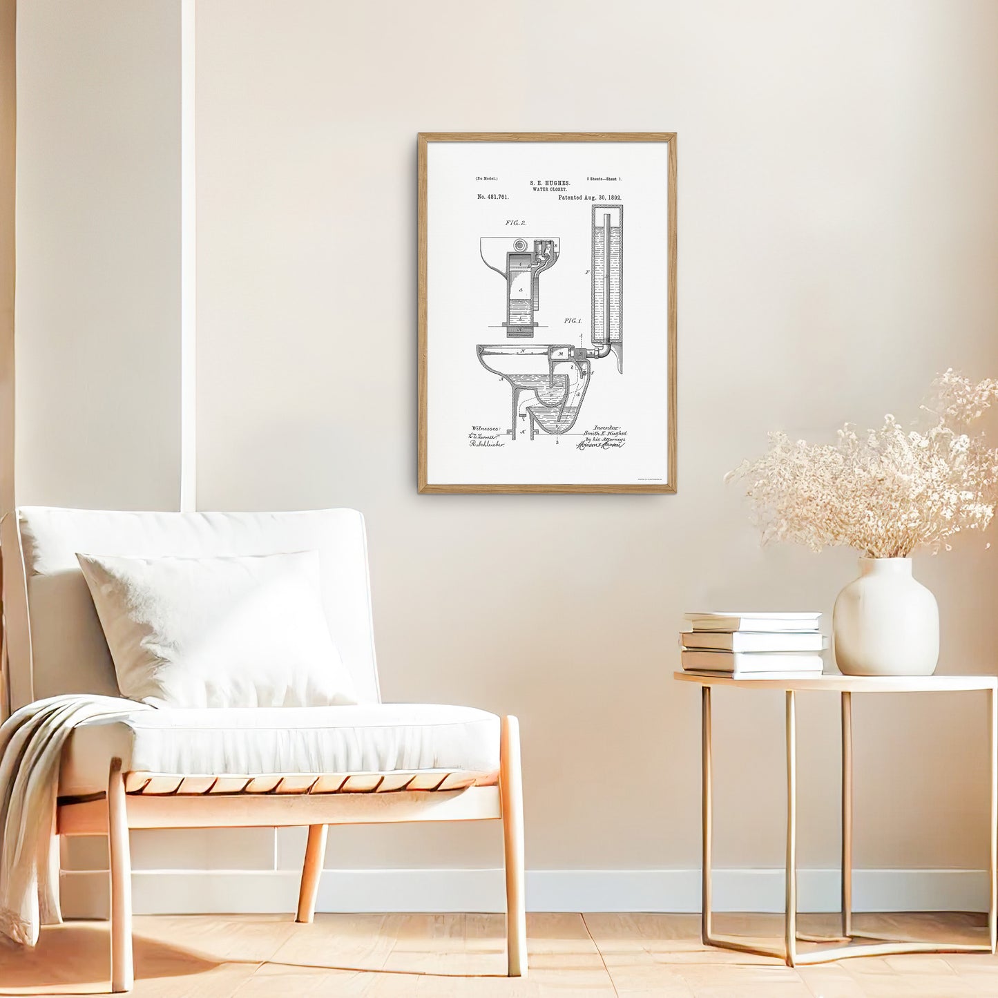 Vintage Water Closet Patent Print – 1892 Toilet Invention by S. E. Hughes