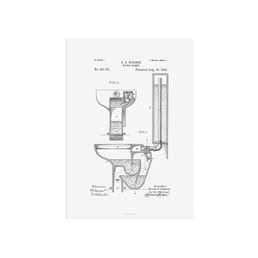 Vintage Water Closet Patent Print – 1892 Toilet Invention by S. E. Hughes