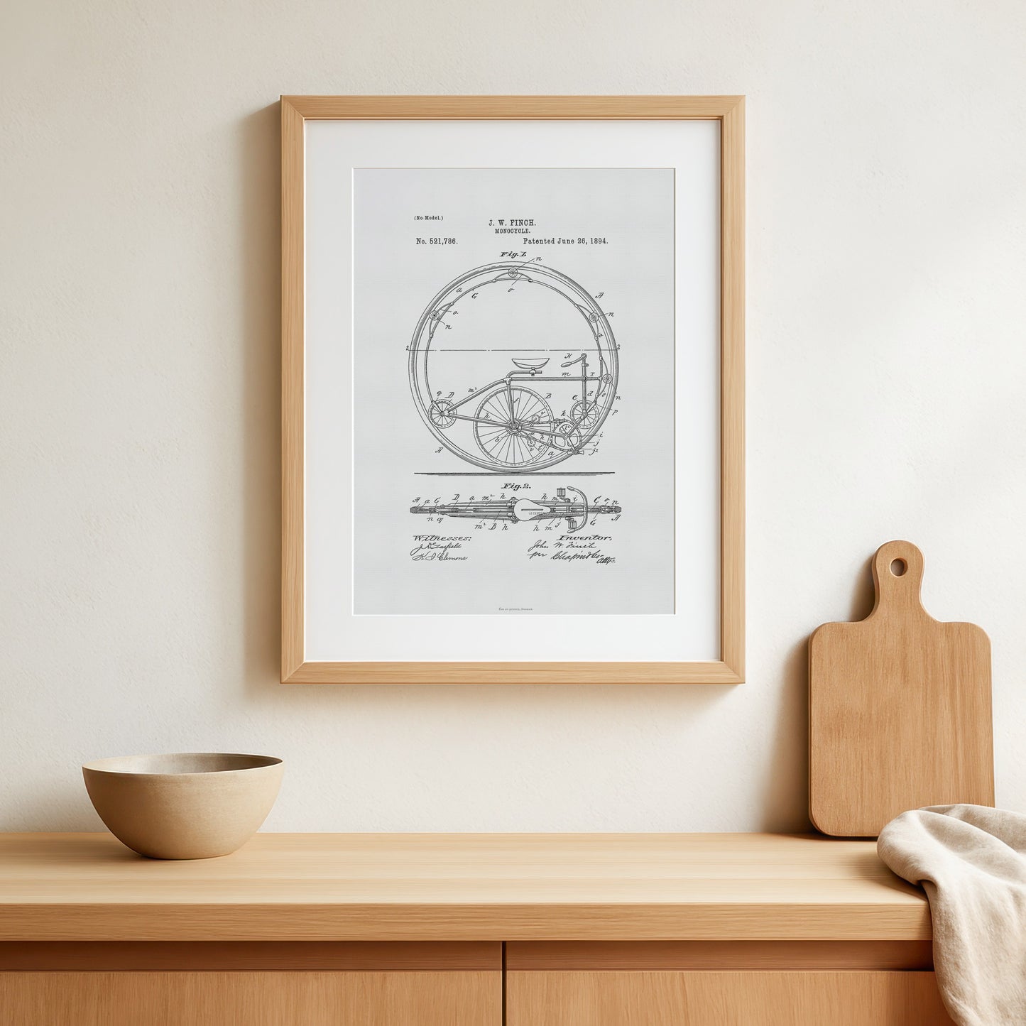 Vintage Monocycle Patent Print – 1894 Invention by J. W. Finch