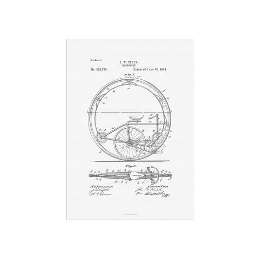Vintage Monocycle Patent Print – 1894 Invention by J. W. Finch