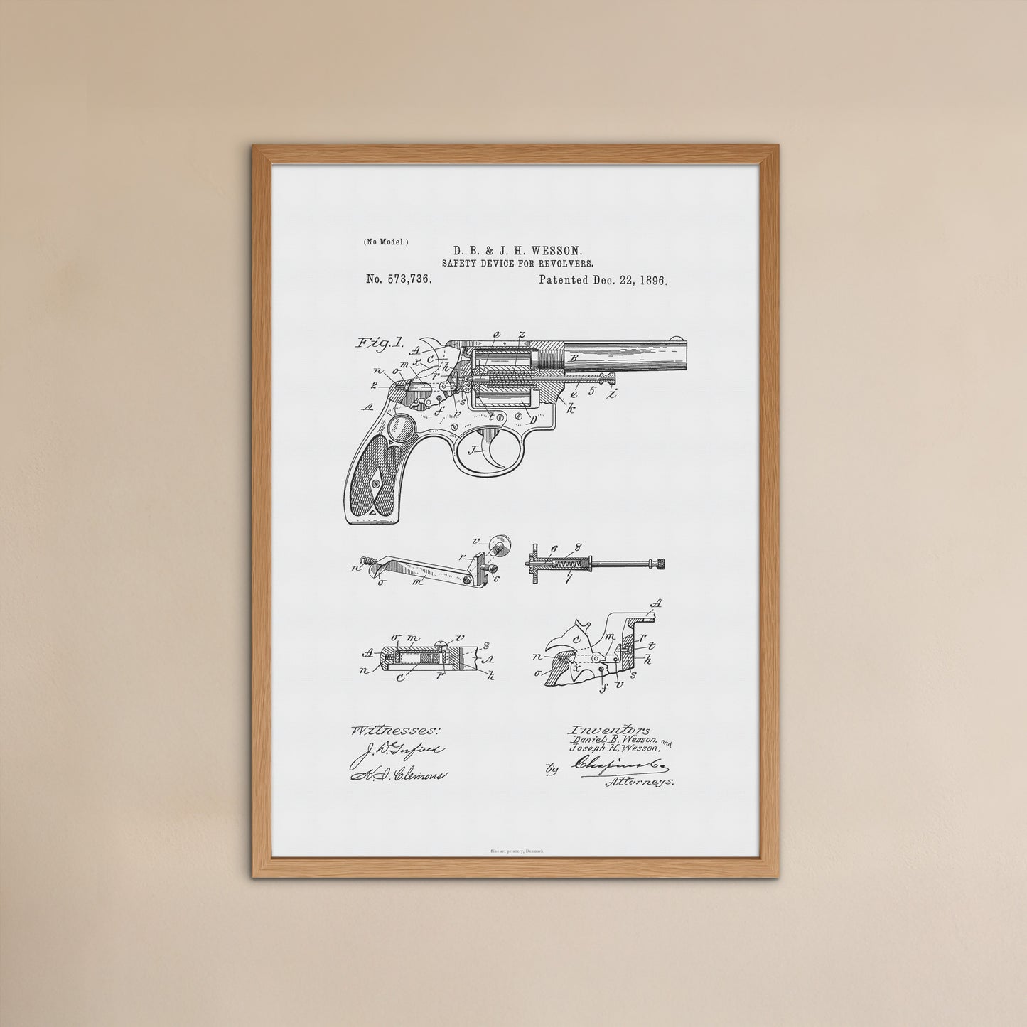 Vintage Revolver Safety Device Patent Print – 1896 Invention by D. B. & J. H. Wesson