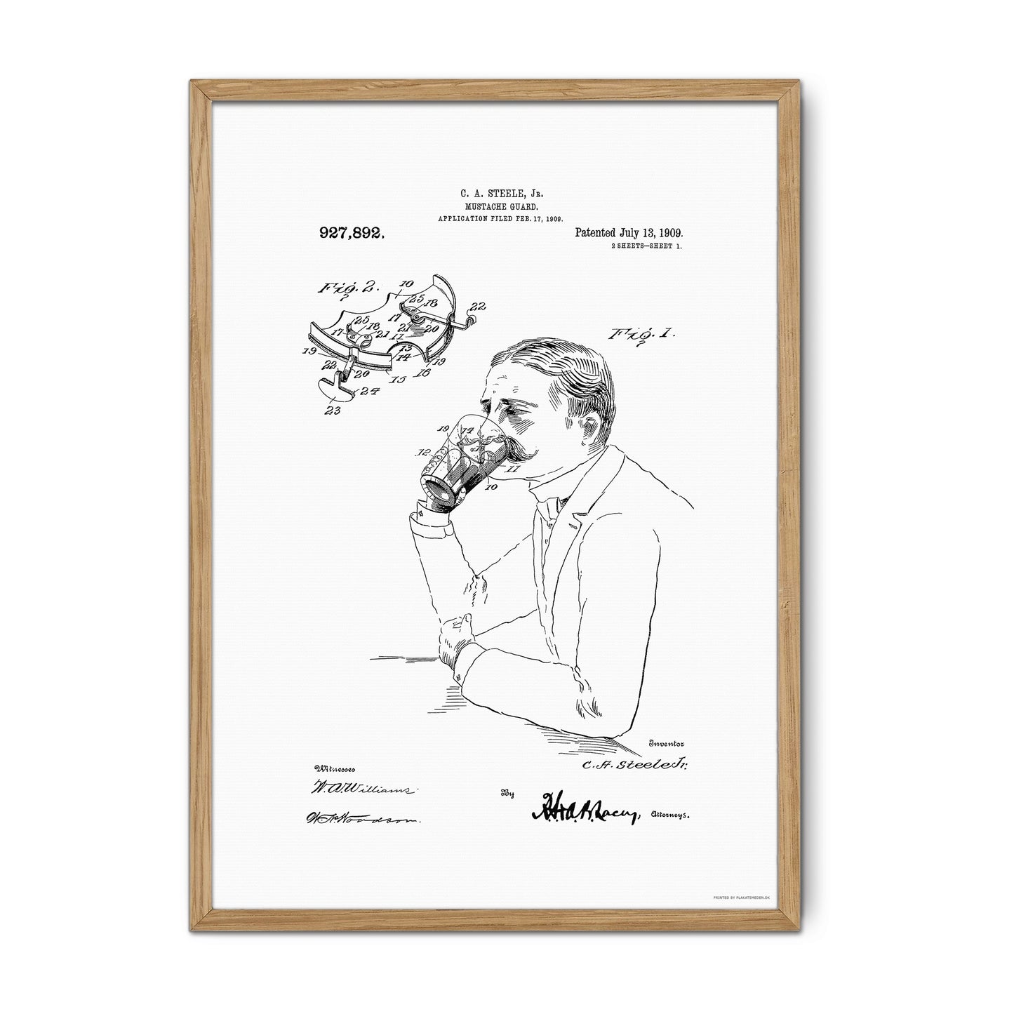 Vintage Mustache Guard Patent Print – 1909 Invention by C. A. Steele Jr.