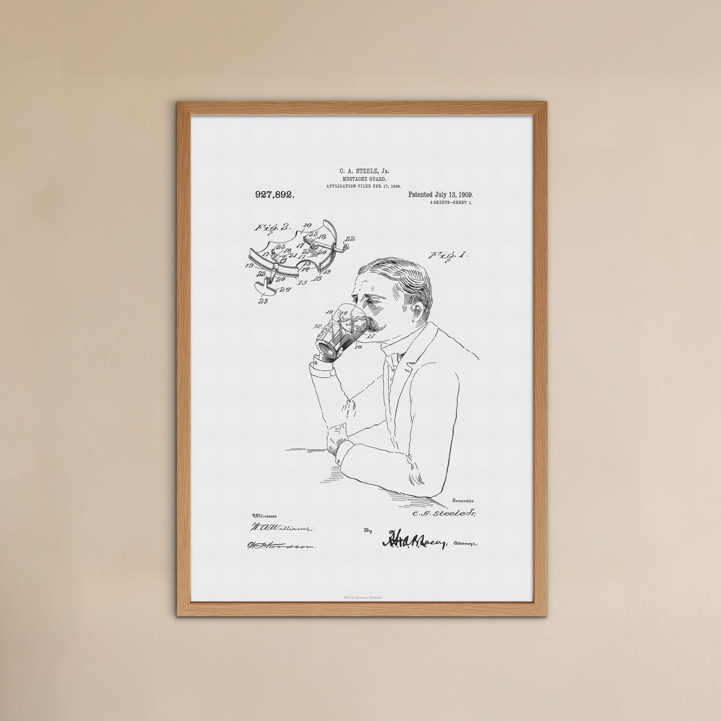 Vintage Mustache Guard Patent Print – 1909 Invention by C. A. Steele Jr.