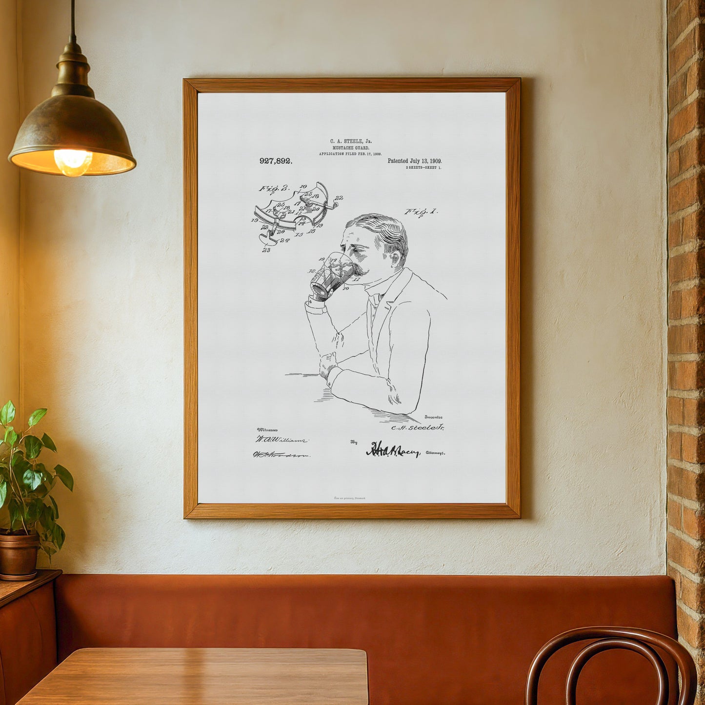 Vintage Mustache Guard Patent Print – 1909 Invention by C. A. Steele Jr.