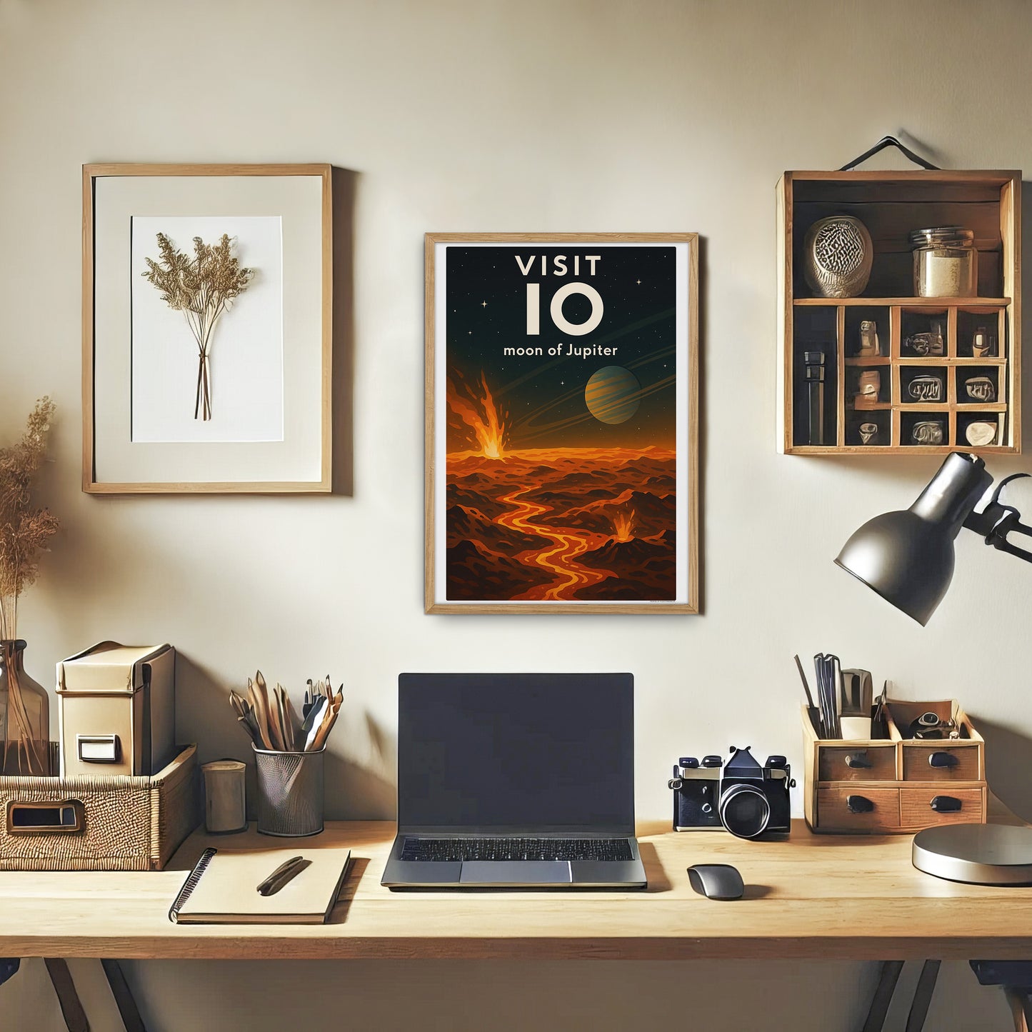 Visit Io – Moon of Jupiter Retro Space Poster in Vintage Art Deco Style