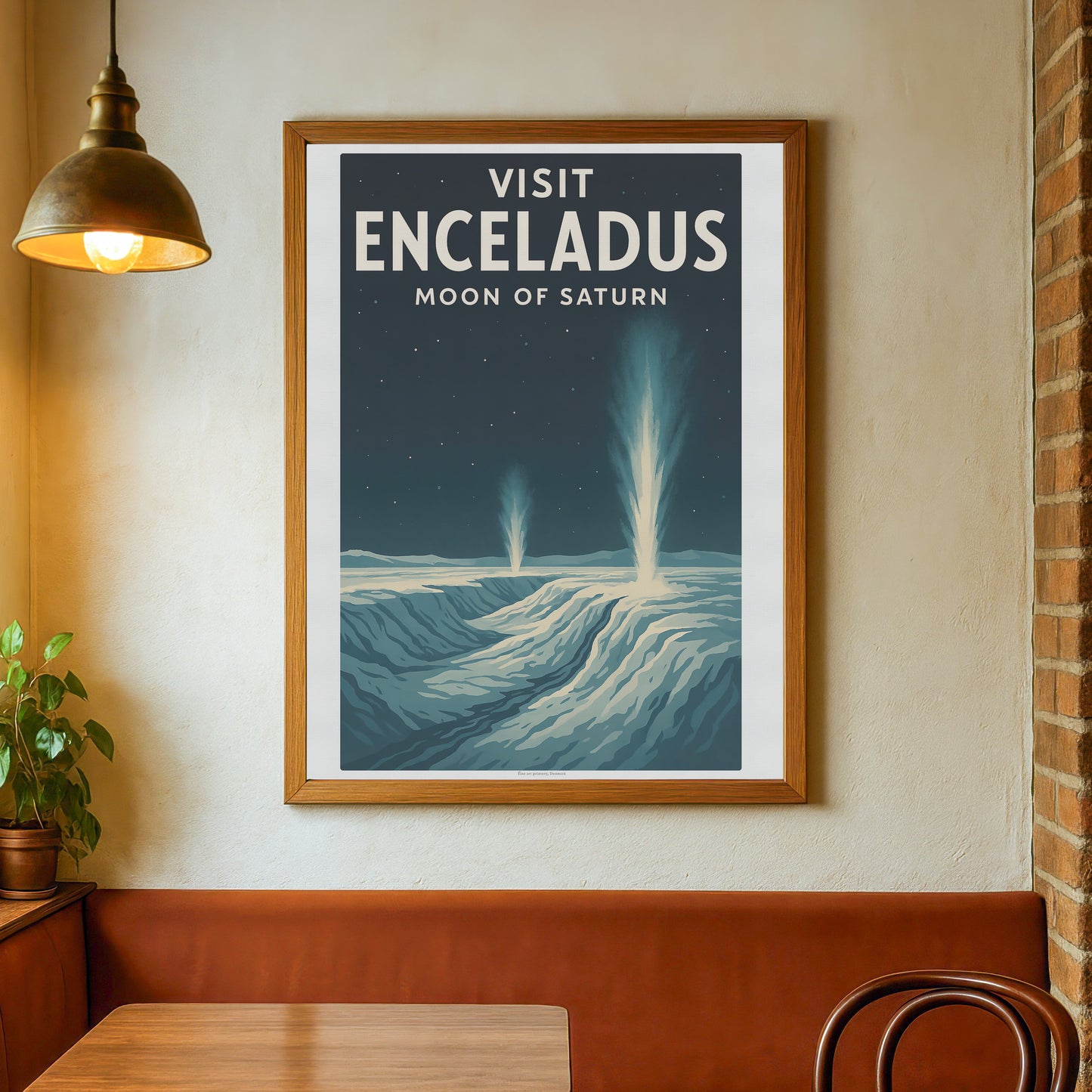 Visit Enceladus – Moon of Saturn Retro Travel Poster in Vintage Art Deco Style