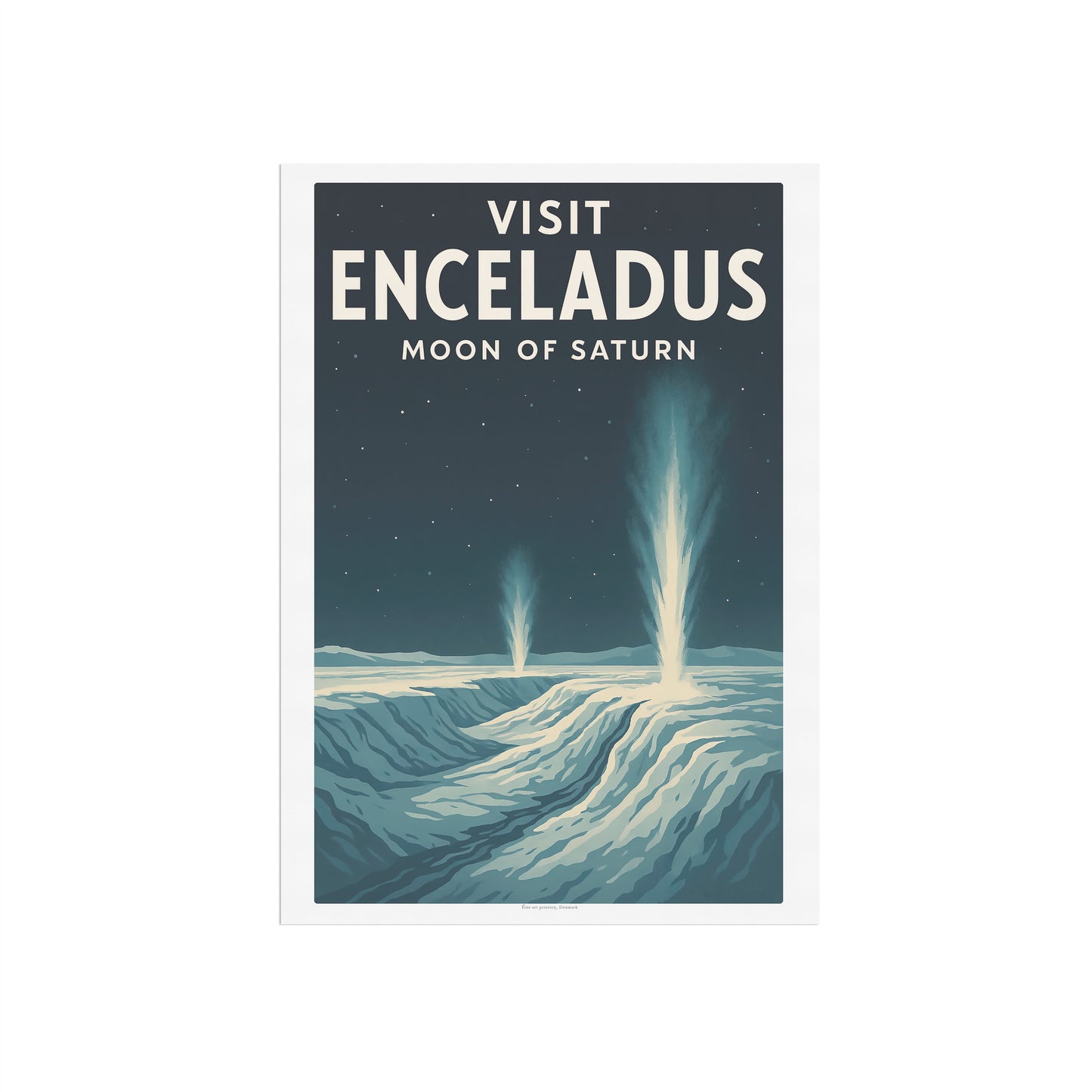 Visit Enceladus – Moon of Saturn Retro Travel Poster in Vintage Art Deco Style