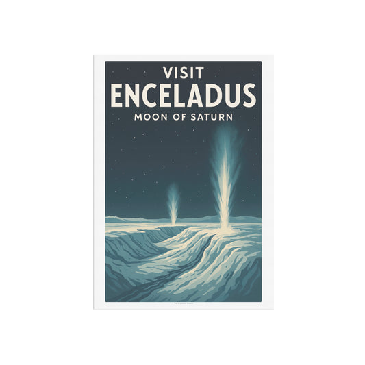 Visit Enceladus – Moon of Saturn Retro Travel Poster in Vintage Art Deco Style