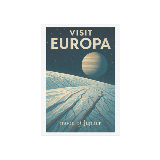 Visit Europa – Moon of Jupiter Vintage Travel Poster in Retro Art Deco Style