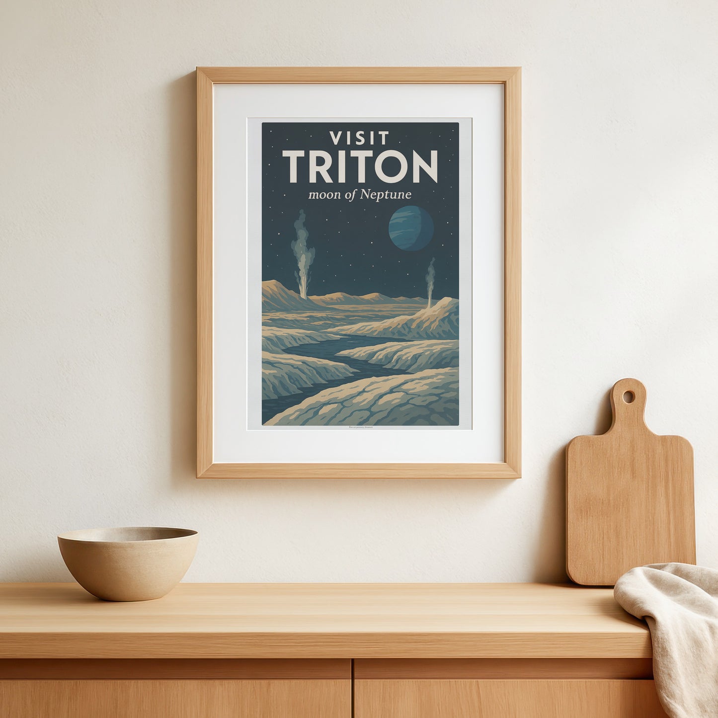 Visit Triton – Moon of Neptune Retro Travel Poster in Vintage Art Deco Style