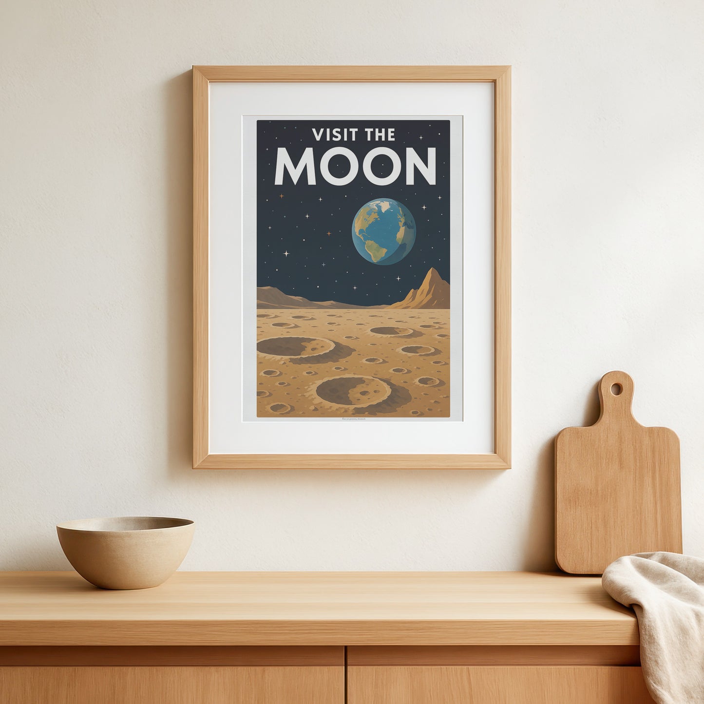 Visit the Moon – Retro Futuristic Travel Poster in Vintage Art Deco Style