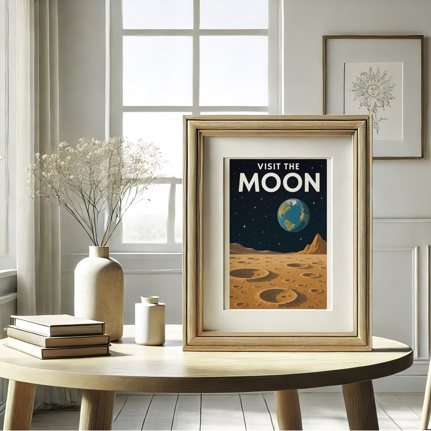 Visit the Moon – Retro Futuristic Travel Poster in Vintage Art Deco Style