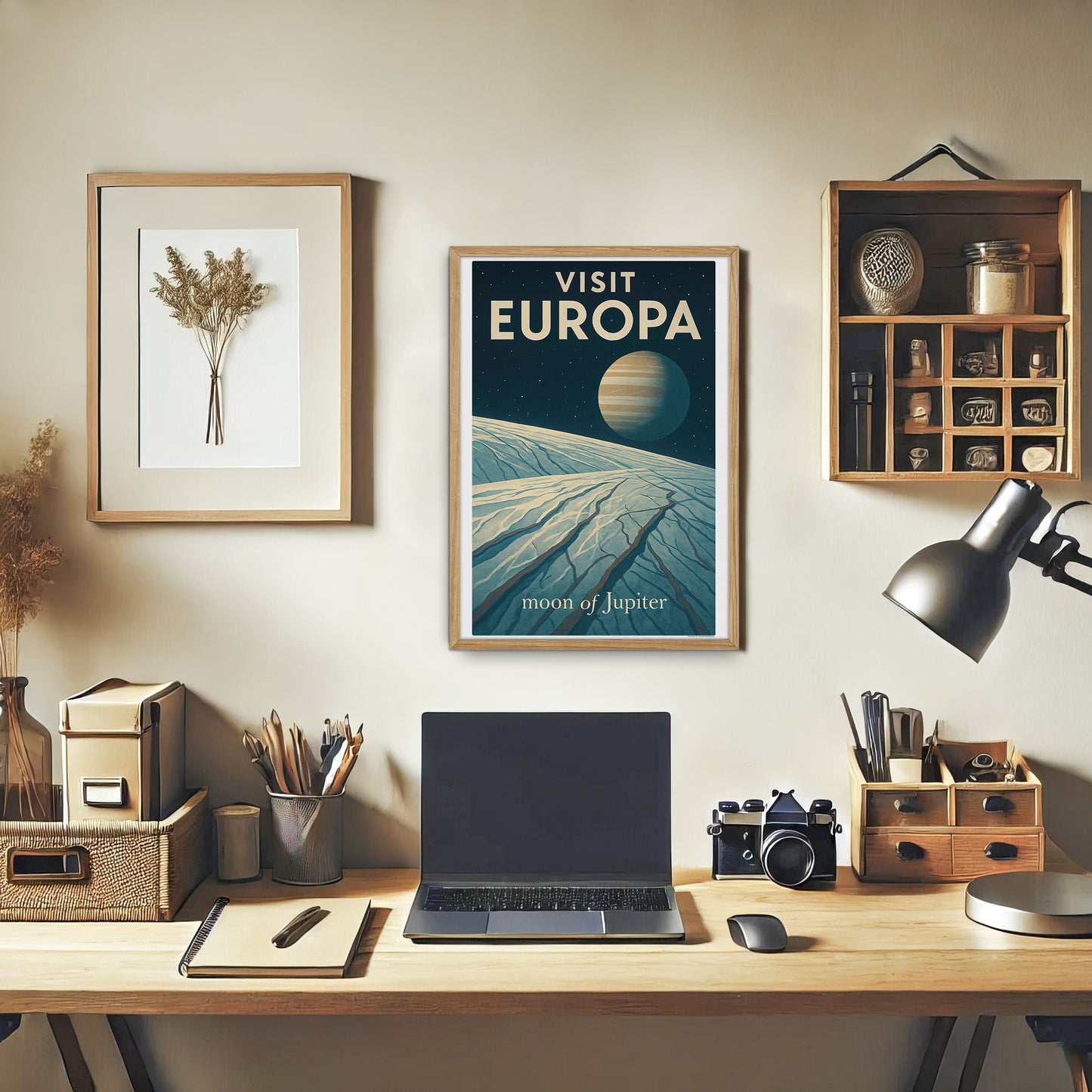 Visit Europa – Moon of Jupiter Vintage Travel Poster in Retro Art Deco Style